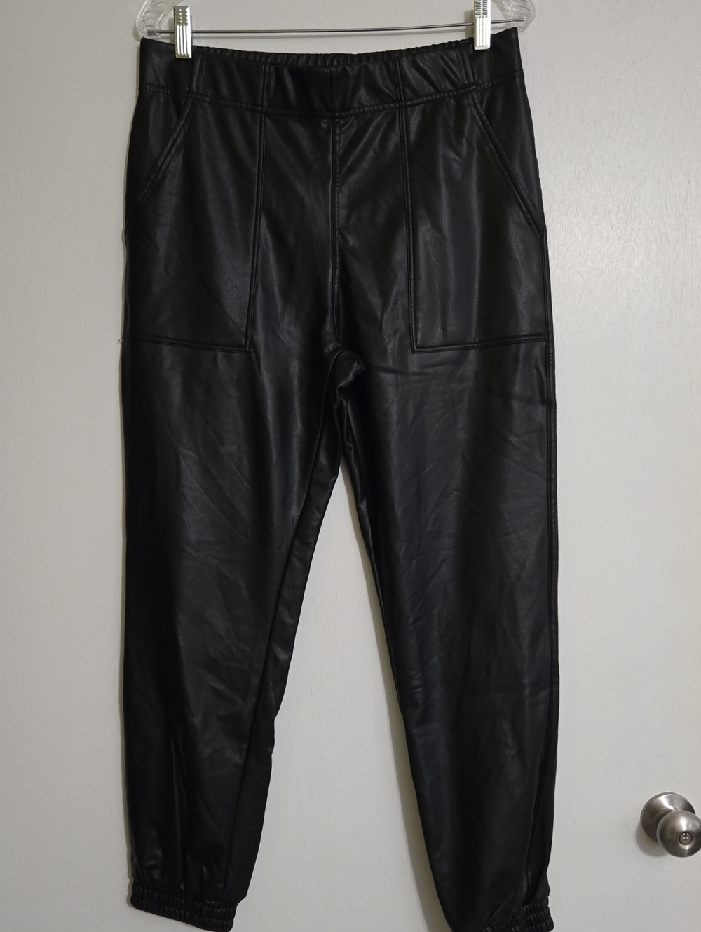 Black Faux Leather Jogger Pants with Elastic Waist